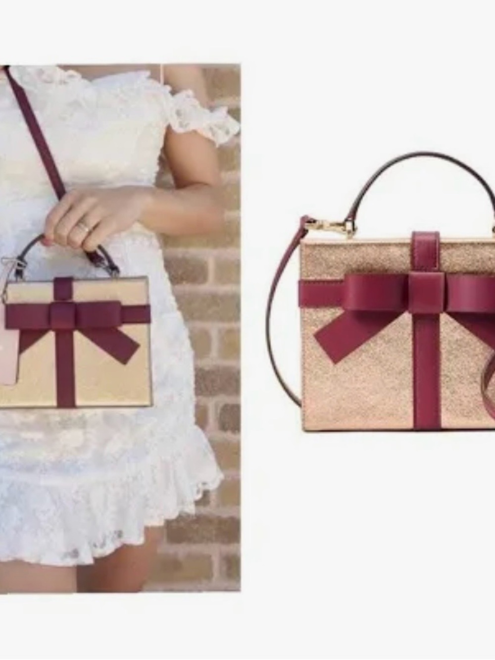 kate spade wrapping Gold Metallic Box Clutch with Burgundy Bow